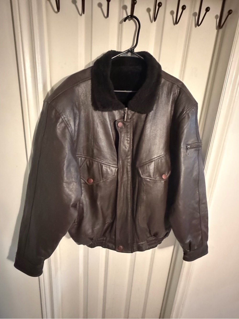 Men's Brown Leather Bomber Jacket with Shearling Collar